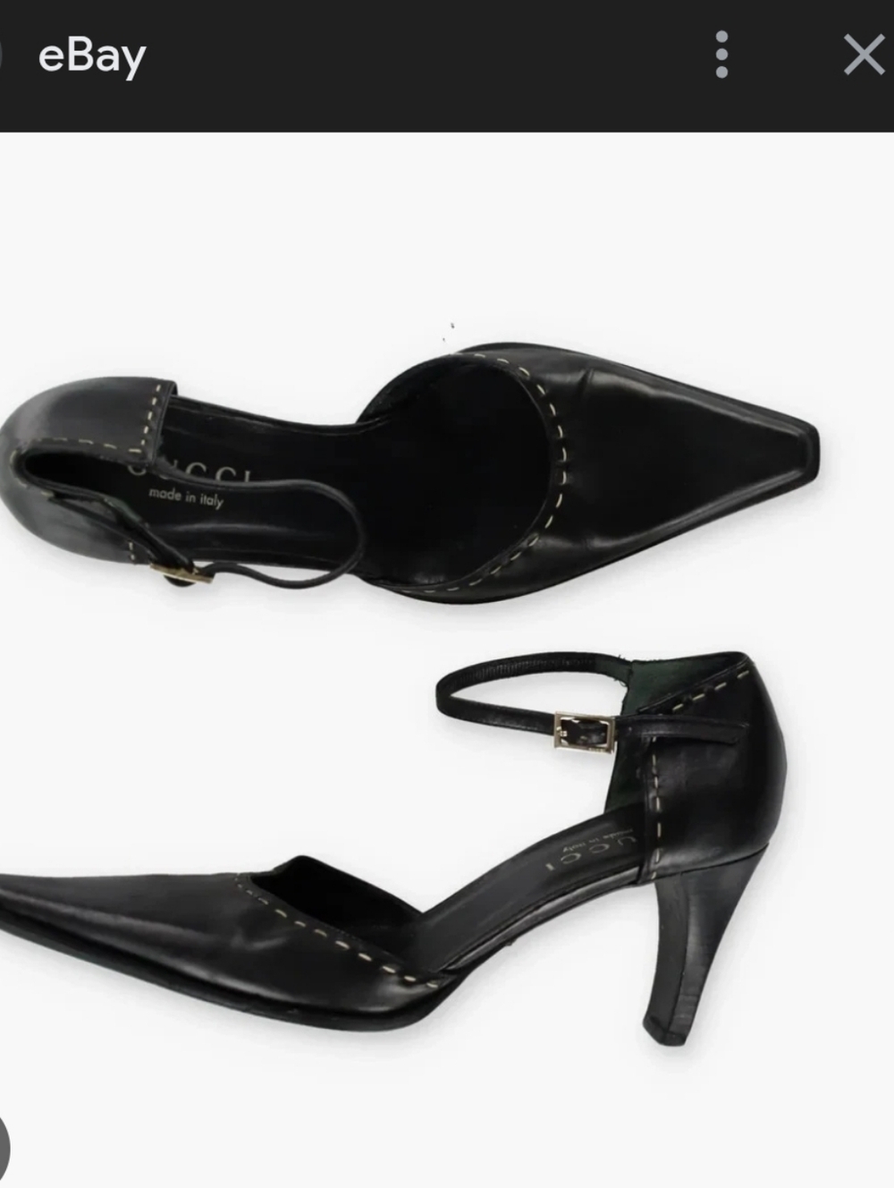Gucci Black Leather Pointed Toe Ankle Strap Heels